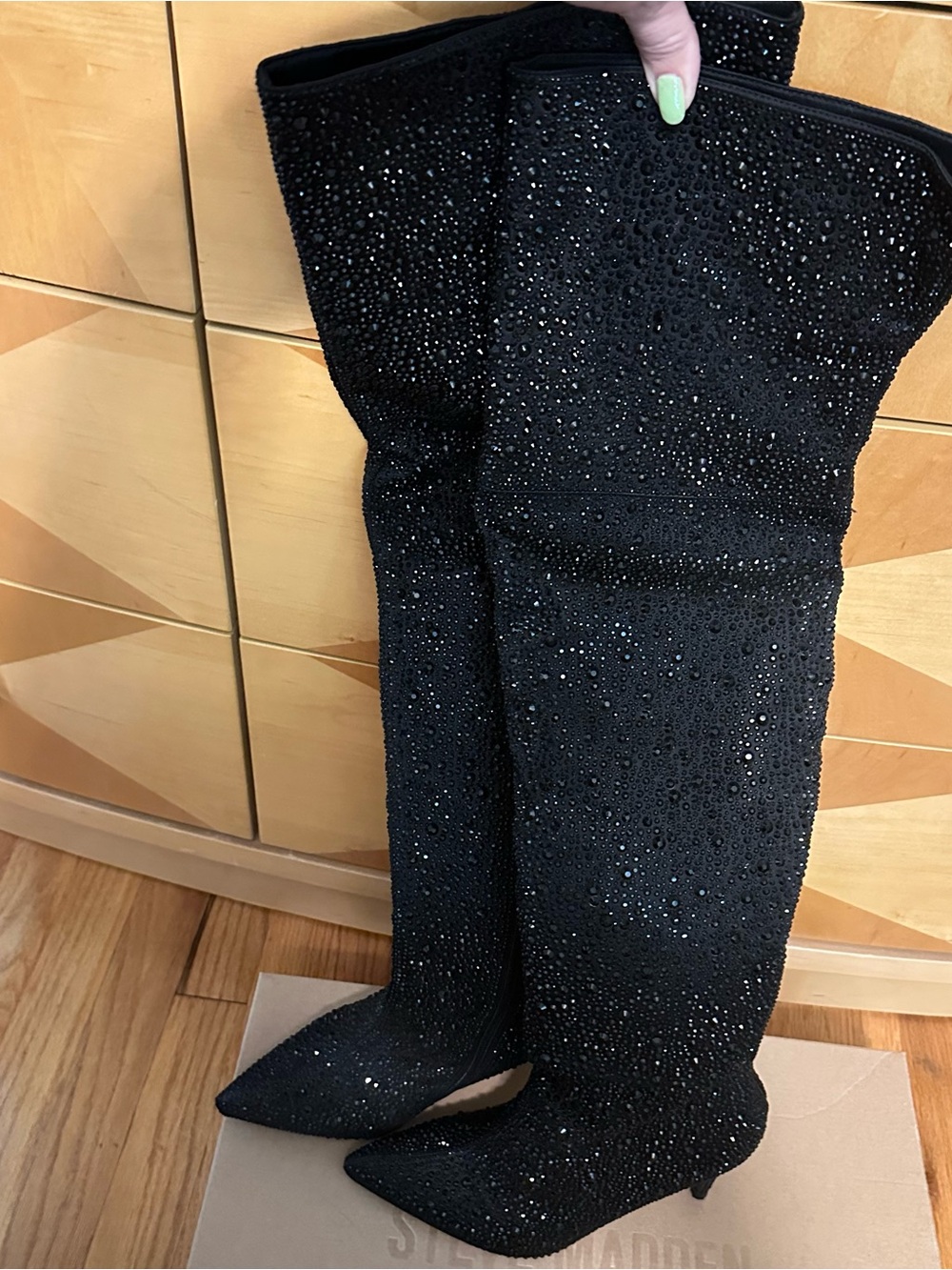 Steve Madden Black Crystal-Embellished Thigh High Boots - VIVIANNE